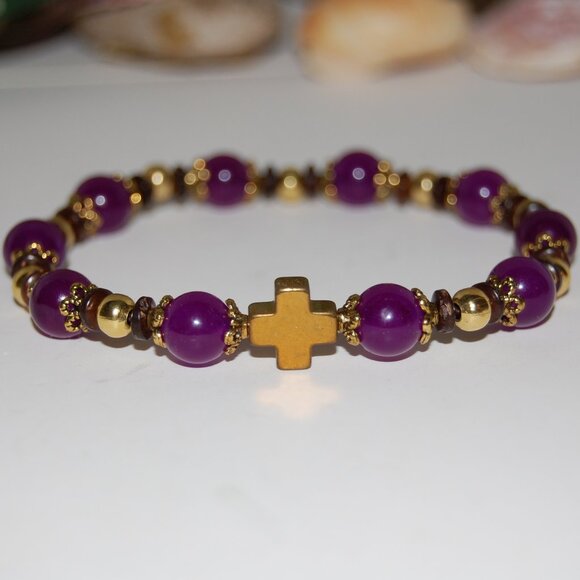 Cross Bracelet,Rosary Bracelet,Purple Stone Bracelet,Cross Rosary Bracelet,Purpl - Picture 1 of 5